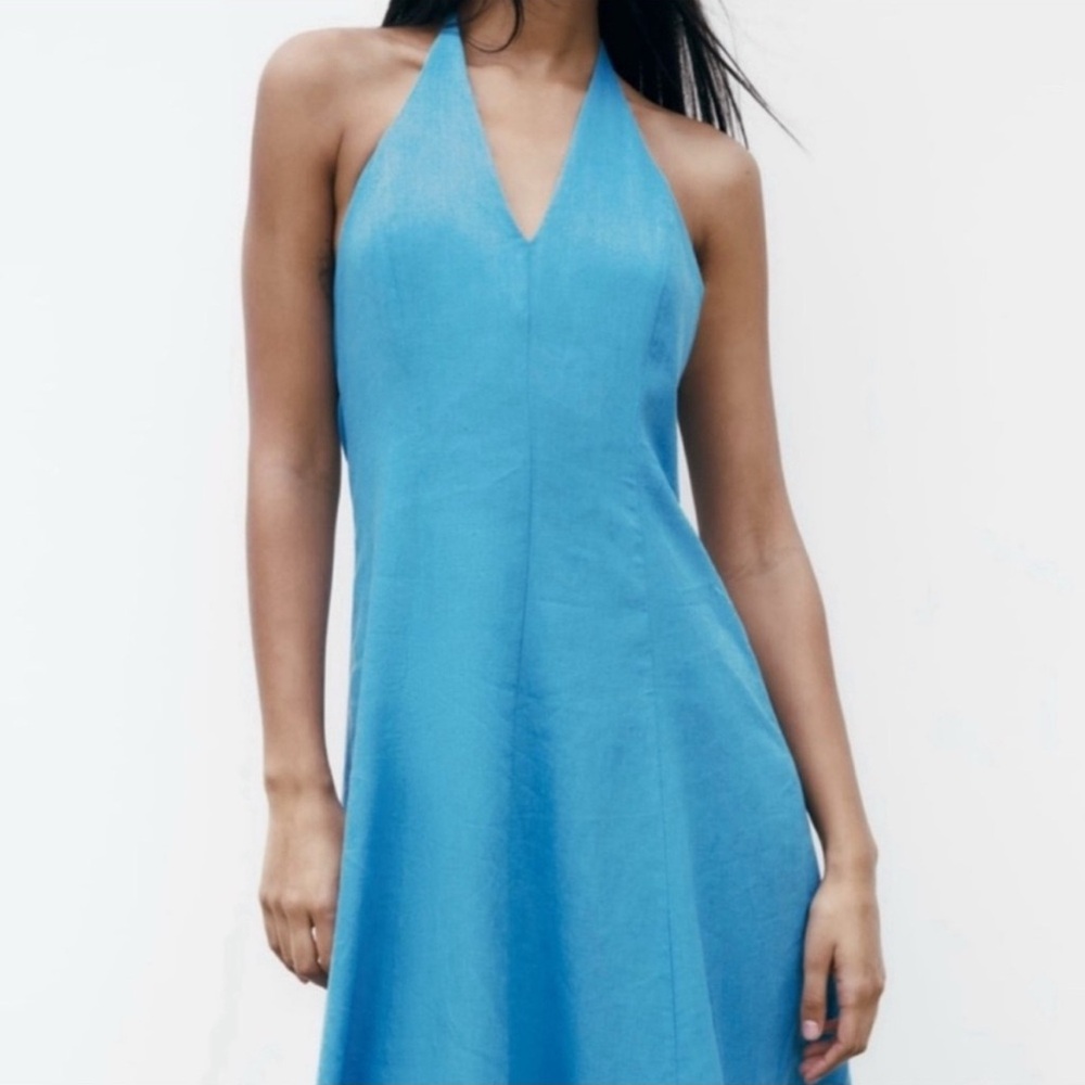 Zara Blue Linen Halter Midi Dress